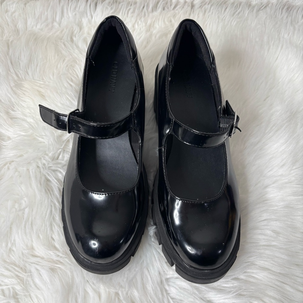 Old Navy Faux Leather Chunky Heel Mary Jane Shoes glossy black platform 8.5